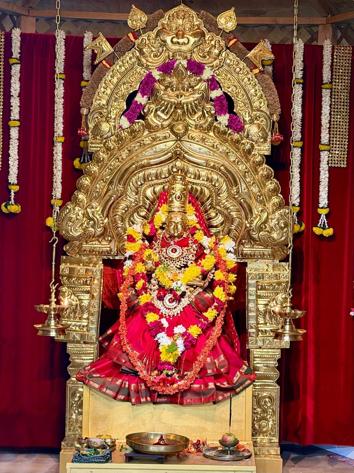 Deity decorated in red silk and jewellery